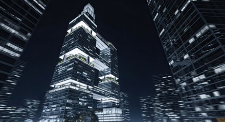 Futuristic Cityscape Towers Illuminated at Night with Glowing Windows