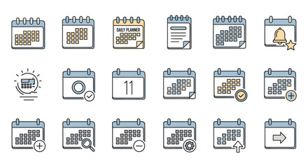 A collection of flat line icons representing various calendar functions and concepts, including daily planners, event reminders, date selection, adding events, searching, and scheduling, presented on