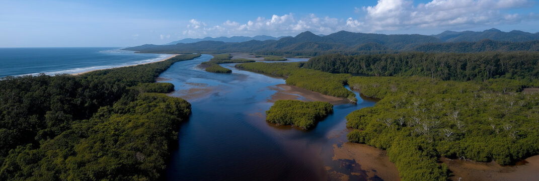 A breathtaking aerial view of a serene river estuary winding through lush green forests, showcasing the dazzling beauty of nature and the importance of preserving our ecosystems.