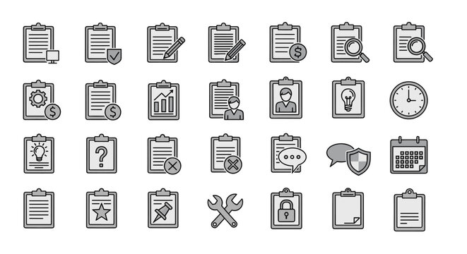 Collection of clipboard-related vector icons, perfect for infographics, articles, books, flyers, and banners, featuring editable strokes and a cartoon illustration style, including icons for