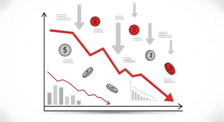 A hand-drawn graph illustrating a significant financial decline with a red downward-trending line, dollar signs, and falling coins, symbolizing economic recession and loss.