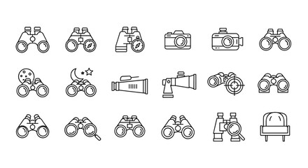 Collection of outline binocular icons and related optical equipment, including cameras and telescopes, presented on a clean white background, perfect for graphic design, web applications, and