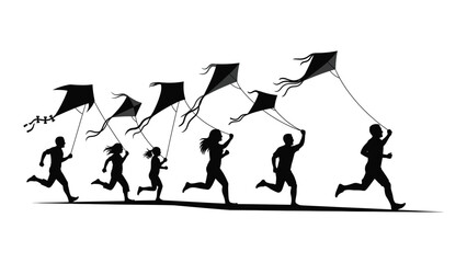 People running with kites silhouette isolated on white background, Vector