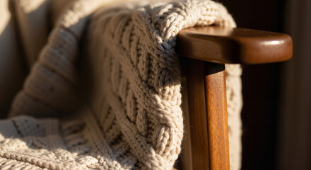 Cozy knitted blanket draped over wooden chair, warm lighting, relaxing home interior