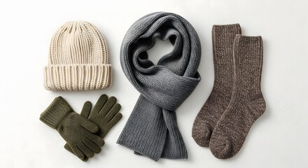 Warm Winter Clothing Accessories Set on White Background.