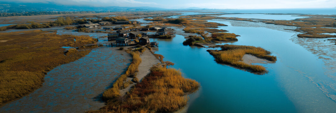A breathtaking aerial view of wetlands featuring vibrant marshlands and serene waterways, showcasing the harmonious coexistence of nature and tranquil water bodies.