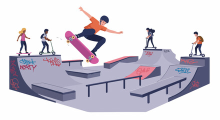 A dynamic illustration of diverse teenagers enjoying extreme sports like skateboarding and scootering at an urban skate park filled with graffiti. © Sabrina