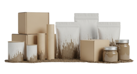 Diverse collection of blank sustainable product packaging options including kraft boxes, stand-up pouches, paper tubes, and glass jars with an earthy texture at the base,
