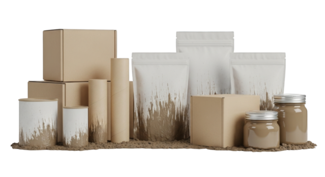 Diverse collection of blank sustainable product packaging options including kraft boxes, stand-up pouches, paper tubes, and glass jars with an earthy texture at the base,