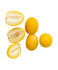 Top view of fresh ripe yellow date palm fruits with halves in stack in set isolated with clipping path in png file format. Concept of iftar food in Ramadan for Muslims