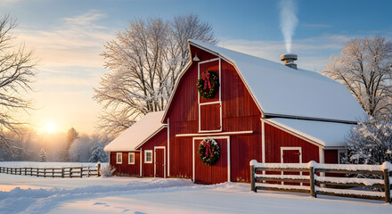 Serene winter morning scene featuring a classic red barn covered in fresh snow, adorned with festive holiday wreaths at sunrise