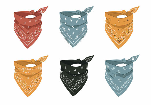 Set of six colorful paisley bandanas tied neckerchief style, featuring vintage western and cowboy fashion elements illustration.