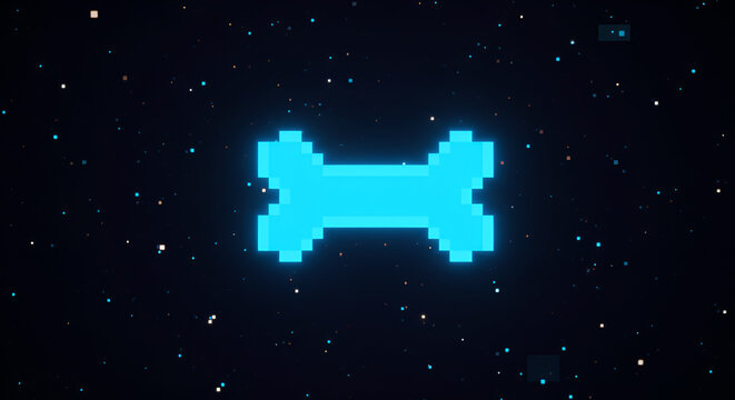 Pixelated dog bone glowing in a modern digital space, perfect for gaming or pet industry promotions and retro tech visuals with a futuristic edge
