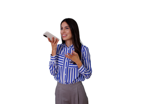 Businesswoman talking on phone using speakerphone, communicating through speech recognition with transparent background
