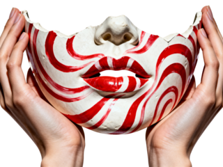 Artistic face mask with red swirls held by hands isolated on transparent background
