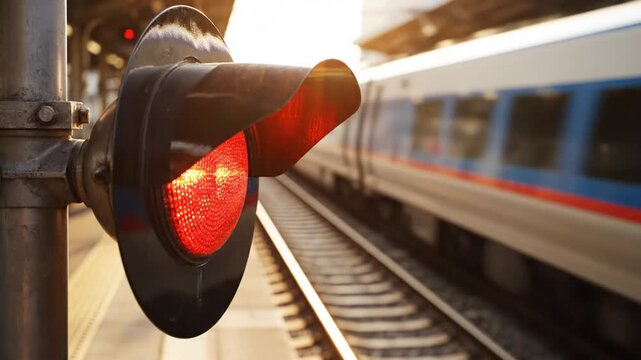 Cinematic Red Train Signal with Reflection on Metal Frame