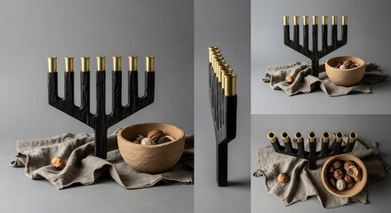 A modern black menorah with gold accents and a bowl of nuts sits on a grey cloth against a grey background
