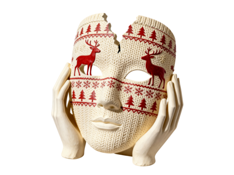 Cracked ceramic mask with christmas reindeer pattern and hands isolated on transparent background