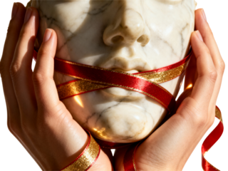 Marble bust with red ribbon covering mouth held by human hands isolated on transparent background