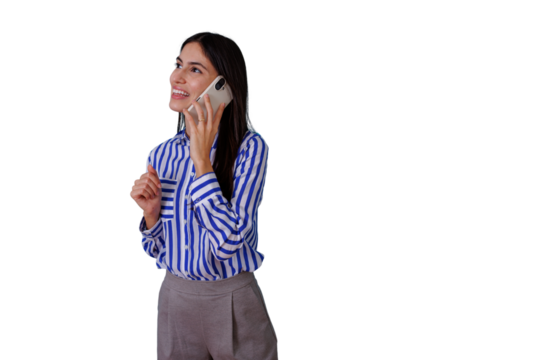 Young businesswoman talking on mobile phone looking up smiling, communicating good news, transparent background