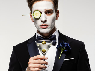 A man in a tuxedo with a cosmetic face mask holds a martini. Funny male grooming and self-care concept. Surreal luxury portrait with a cucumber eye patch.