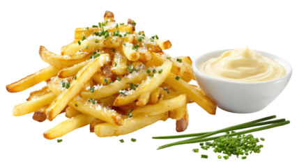 Delicious crispy fries served with creamy dipping sauce. or transparent background