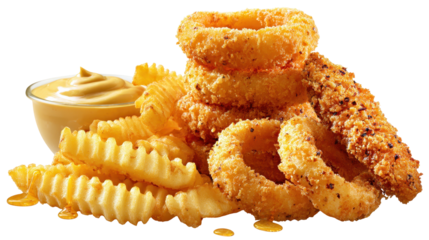 Delicious crispy onion rings with fries and dipping sauce. or transparent background