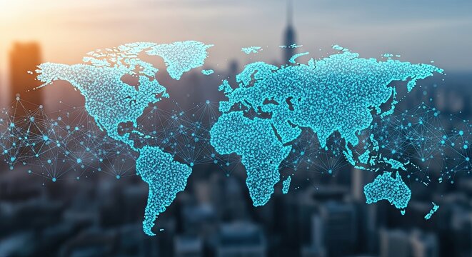 Global Digital Connectivity Network Overlaying a Cityscape