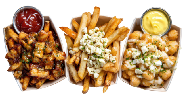 Delicious assortment of fries served with various dips. or transparent background