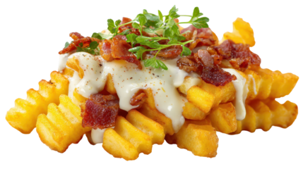 Delicious loaded fries topped with bacon and creamy sauce. or transparent background