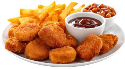 Delicious plate of chicken nuggets with fries and dipping sauces. or transparent background