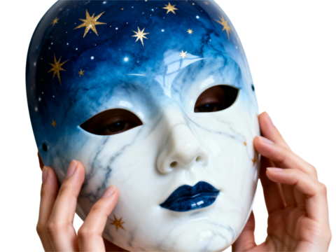 Ornate celestial mask with starry night design held by hands isolated on transparent background