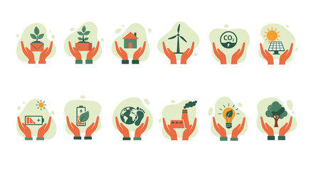 Set of ecofriendly icons held by hands, representing green energy and sustainability