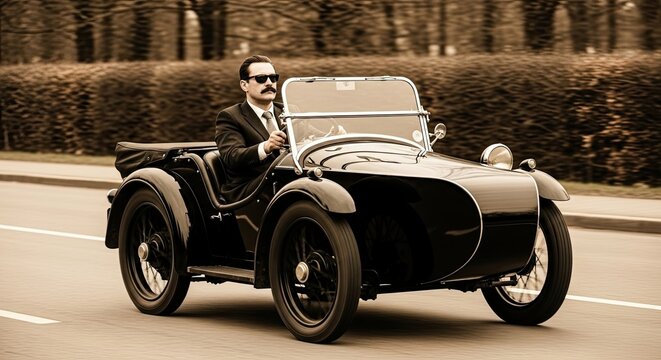 Fototapeta Vintage Gentleman Drives Classic Open-Top Automobile on a Paved Road