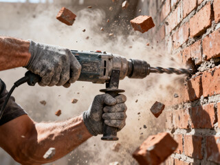 Powerful masculine hands covered in gray dust operating heavy duty rotary hammer breaking into brick wall with flying chunks and dust creating atmosphere of raw power and impact force.