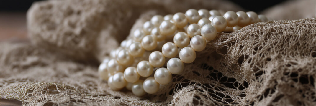 A stunning display of pearls artfully arranged over delicate lace, embodying elegance and sophistication, perfect for adding a touch of luxury to any setting.