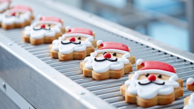 close-up of Santa Claus&ndash;shaped cookies with icing moving along a conveyor belt in a bakery
