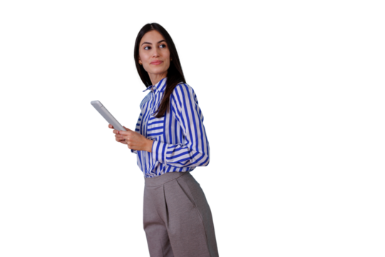 Businesswoman holding tablet looking away, thinking about strategy and planning, a skilled professional with vision