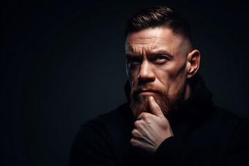 Thoughtful man with beard contemplating against dark background