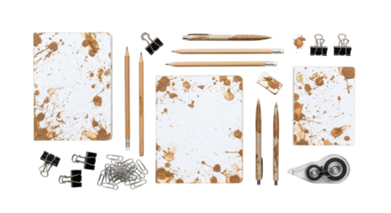 Mud-splattered stationery items on white background, top view, creative mess