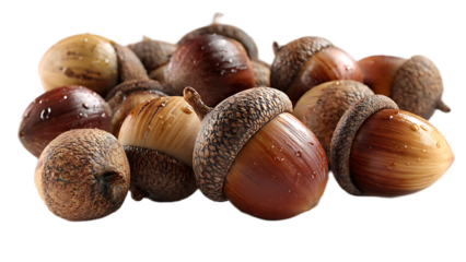 A close up shot of a pile of acorns with brown caps and shiny shells on a black background scene view