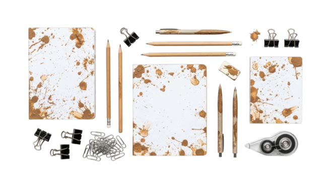Mud-splattered stationery items on white background, top view, creative mess