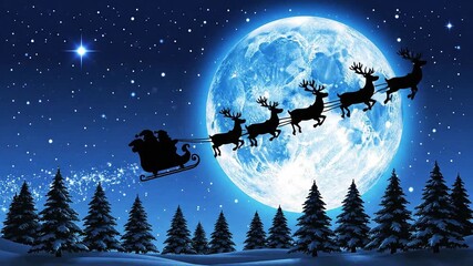 Santa Claus in his sleigh flies across the night sky silhouette with reindeer and Christmas trees under a full moon and stars - Powered by Adobe