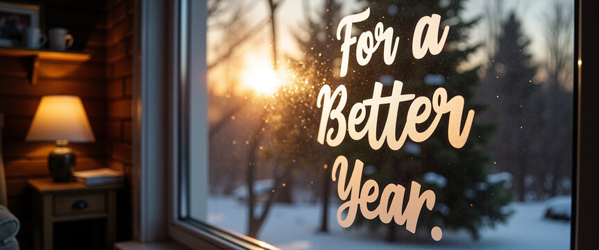 New Year's wish written in condensation on window during sunset  