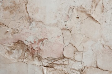 A weathered, light beige and tan plaster wall displays deep cracks and peeling paint, revealing layers of time and texture.