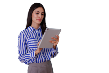 Professional woman using digital tablet, focused on technology and modern communication, working with transparent background