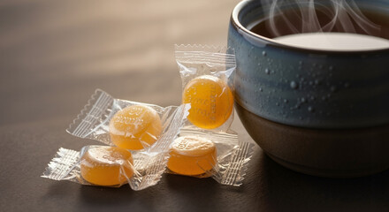 Cup of hot milk with throat lozenges, cozy atmosphere, relaxing moment