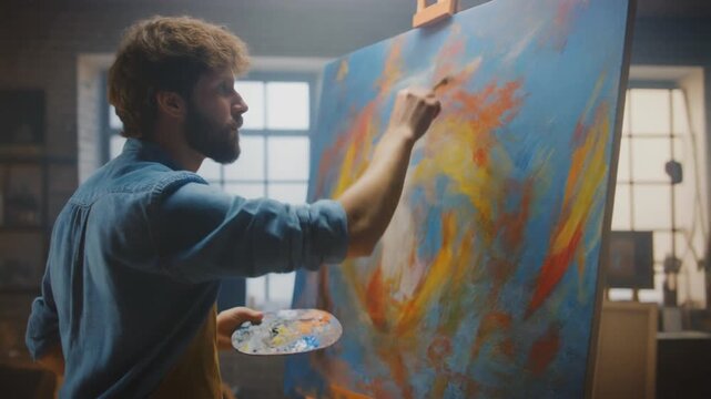 Ultra HD video of young artist painting colorful abstract art in bright studio with creative energy and brush motion details perfect for art branding inspiration and lifestyle visuals