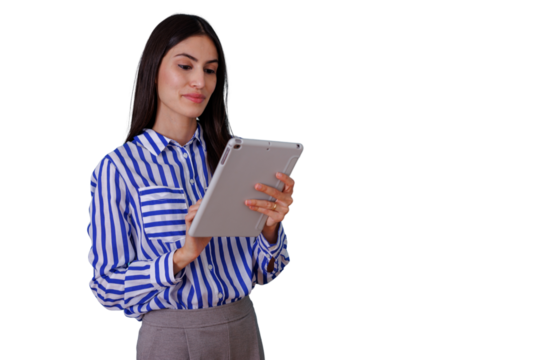 Professional woman using digital tablet, focused on technology and modern communication, working with transparent background