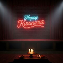 Happy kwanzaa neon sign glowing on a brick wall with candles lit on a table in front of it, festive holiday celebration